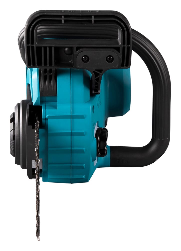Rear view of a teal and black Makita Brushless Rear Handle Chainsaw 30cm, showing the top handle and the downward-extending saw chain.