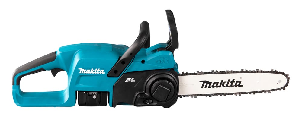 Teal and black Makita Brushless Rear Handle Chainsaw 30cm with a 30cm bar and chain.
