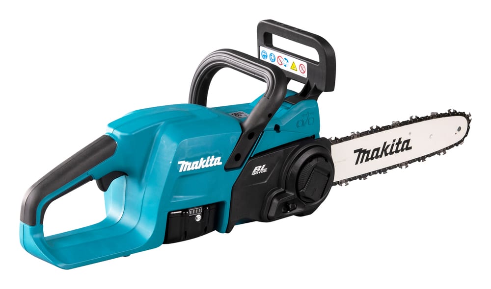 Teal Makita Brushless Rear Handle Chainsaw 30cm with a 30-centimetre guide bar.
