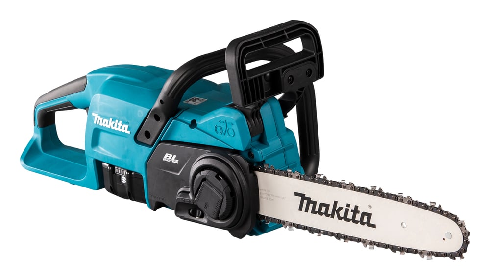 Teal Makita Brushless Rear Handle Chainsaw 30cm featuring a black handle and a 30cm guide bar and chain.