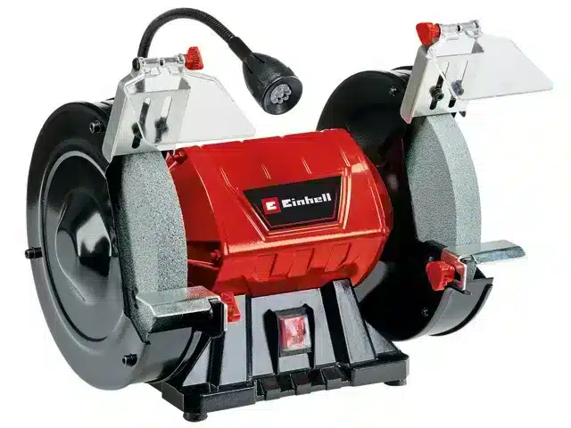 Einhell TC-BG 200 L Bench grinder 240v / 400w featuring two abrasive wheels, adjustable eye shields, and a flexible LED work light.