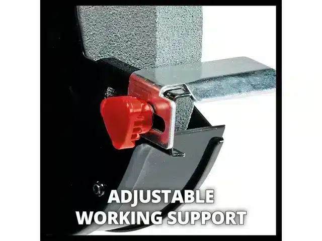 Close-up of an Einhell TC-BG 200 L bench grinder, showing the adjustable metal tool rest secured by a red knob next to the grinding wheel.