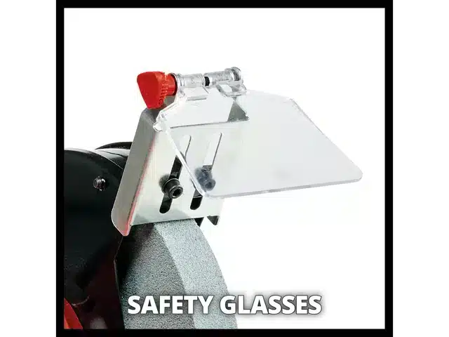Clear plastic spark guard mounted above a grey grinding wheel on an Einhell TC-BG 200 L Bench grinder 240v / 400w.