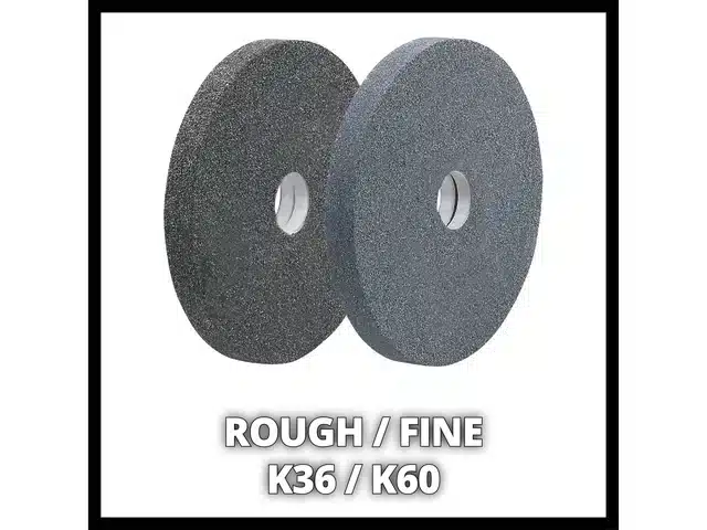 Two circular grinding wheels, one coarse and one fine, positioned side by side on an Einhell TC-BG 200 L Bench grinder.