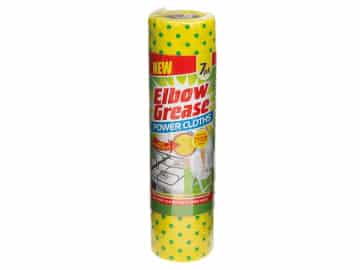 A roll of yellow cleaning cloths with green spots.