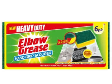 Pack of six green and yellow kitchen scourer sponges, ideal for heavy-duty cleaning.
