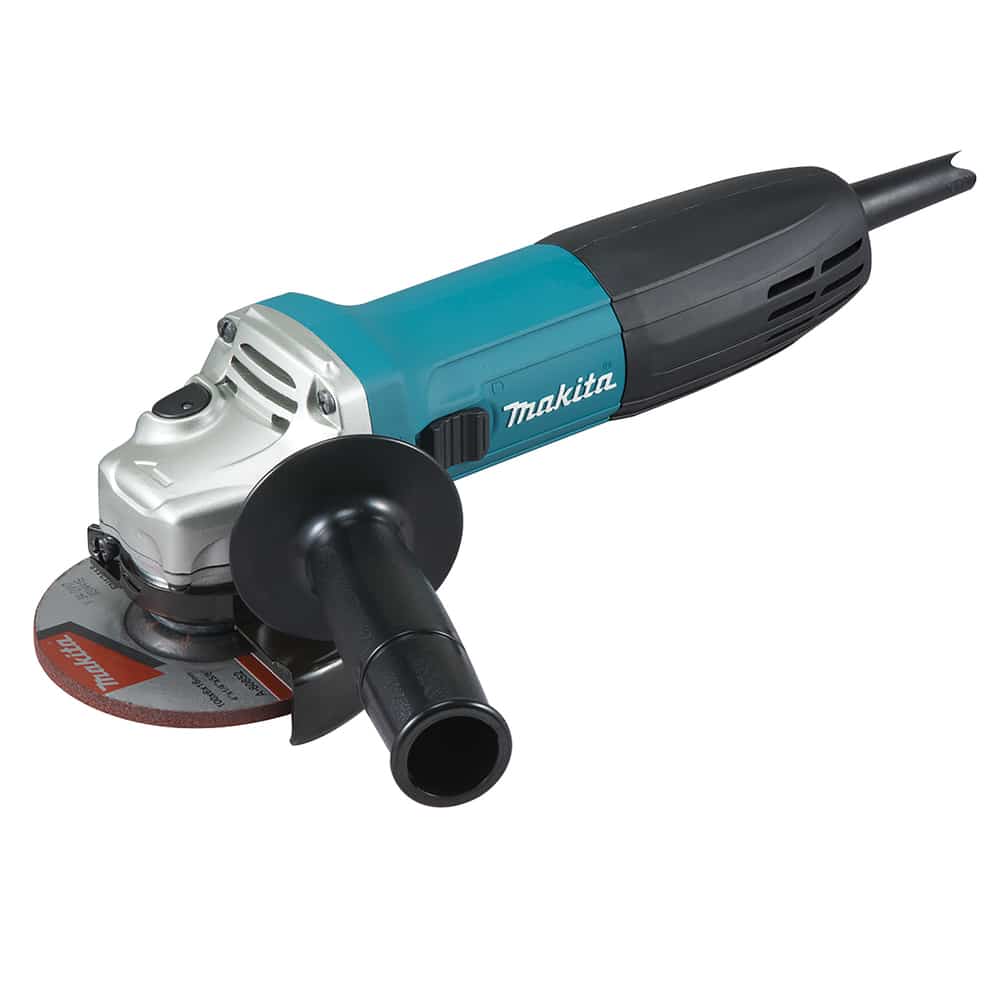 Makita corded angle grinder with a side handle and grinding disc.