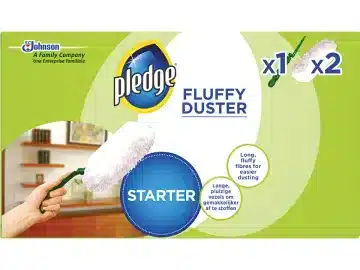 Pledge Fluffy Duster starter kit packaging, including a handle and two disposable dusting heads.