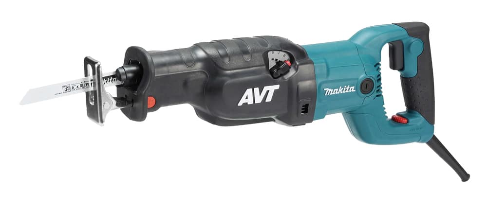 Makita reciprocating saw with a metal blade and a teal and black handle.