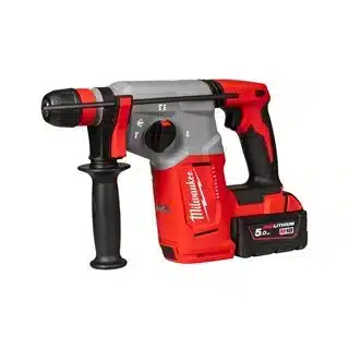 Cordless rotary hammer drill with a battery pack, adjustable side handle, and SDS plus drill bits.