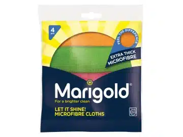 A sealed plastic pack containing four folded microfibre cloths in orange, green, pink, and yellow.