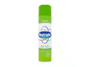 A canister of Neutradol room spray with a bright green lid.