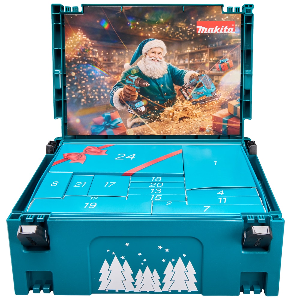 Open teal plastic Makita Advent Calendar 2026 tool case with numbered compartments and an inner lid image of Father Christmas using power tools.