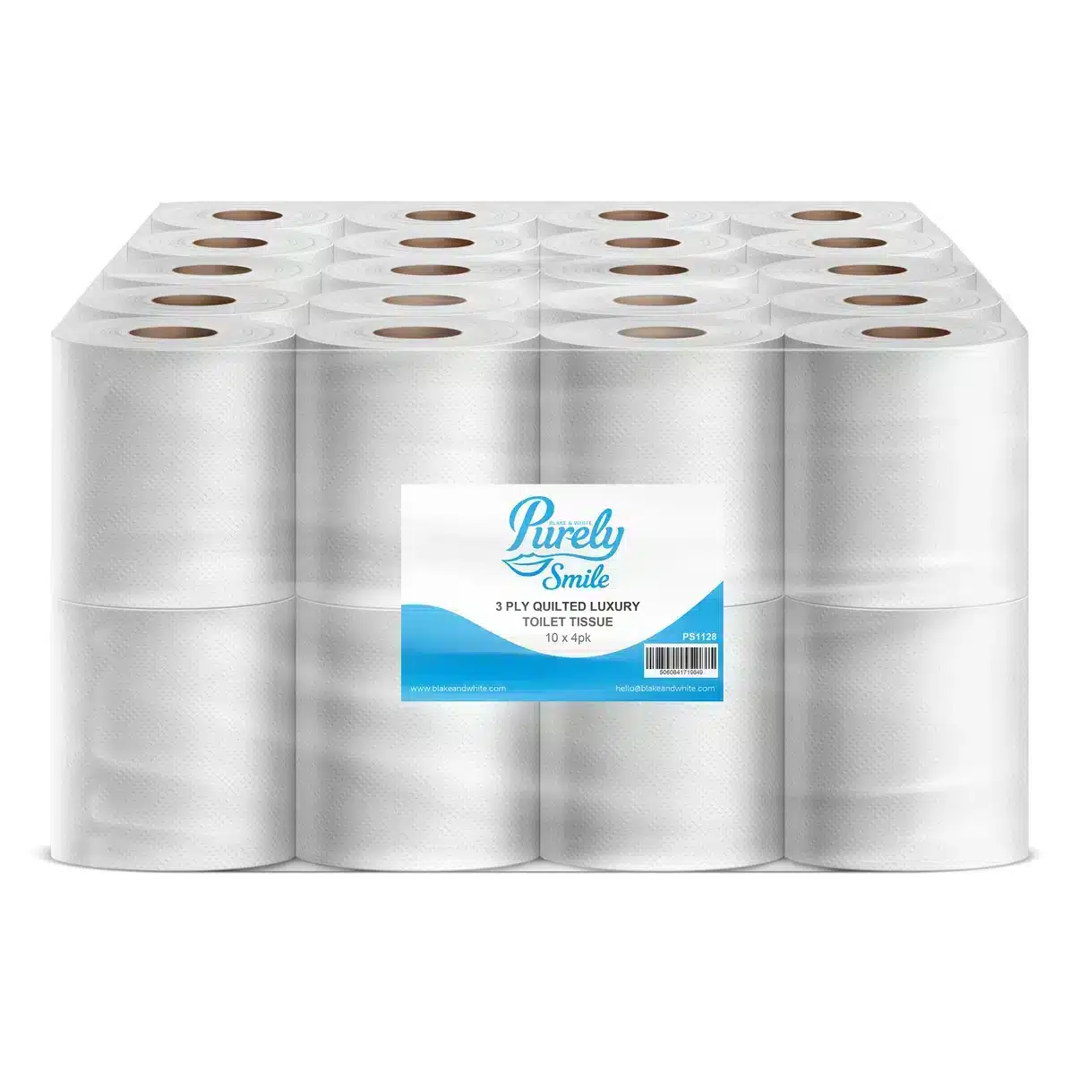 A bulk pack of forty PS1128 Purely Smile Luxury Toilet Roll 3 Ply rolls arranged in a grid, featuring white paper and a central label with a blue wave design.