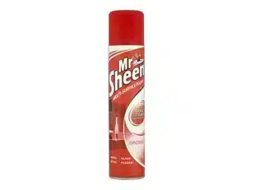 A red aerosol tin of Mr Sheen multi-surface polish.