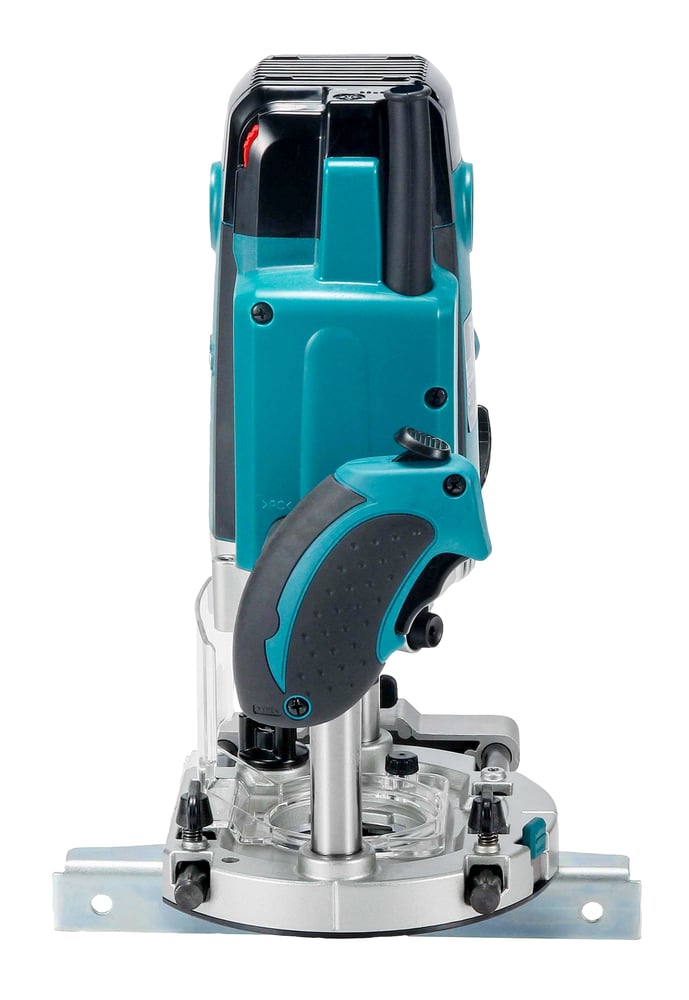 Teal and black Makita RP2303FC08 1/2″ Plunge Router featuring a contoured grip and transparent base plate.