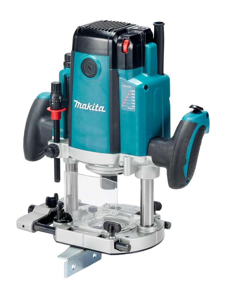 Teal and black Makita RP2303FC08 1/2″ Plunge Router with two ergonomic handles and a clear safety guard above the base.
