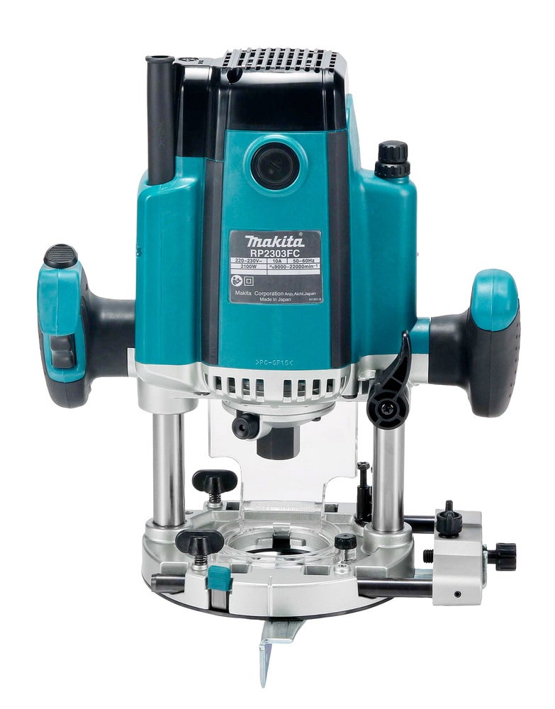 Makita RP2303FC08 1/2″ Plunge Router with dual handles and a clear base plate for 1/2 inch bits.