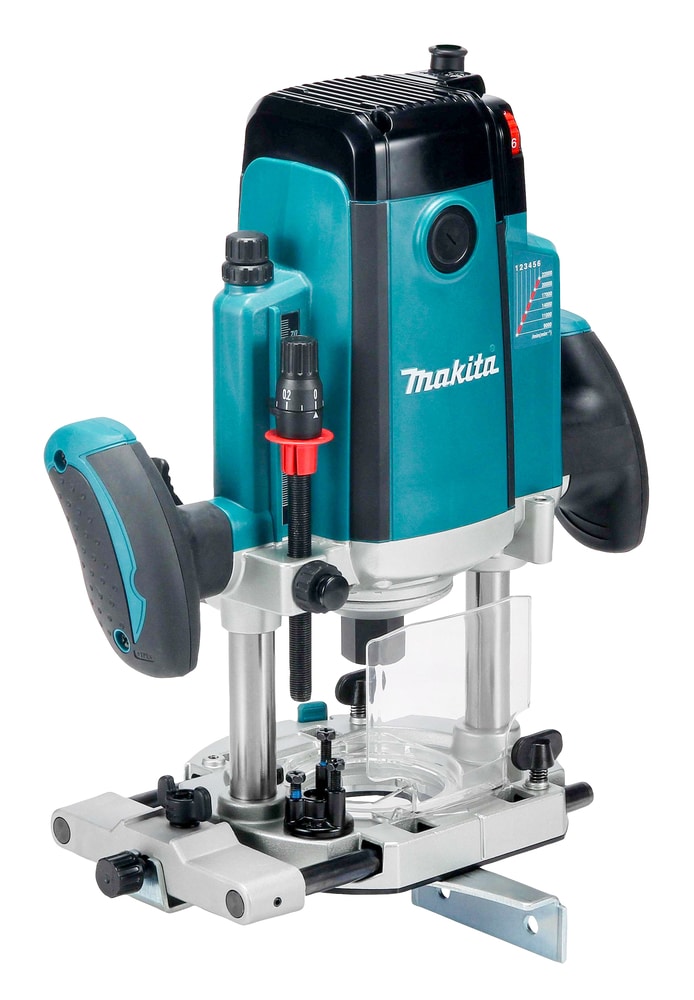 A teal and black Makita RP2303FC08 1/2″ Plunge Router featuring two ergonomic handles, a depth adjustment scale, and a transparent dust guard.