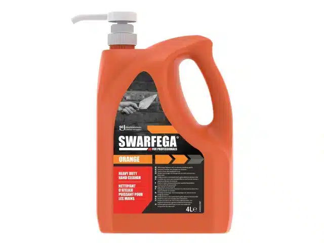 Orange four-litre pump bottle of Swarfega heavy-duty hand cleaner.