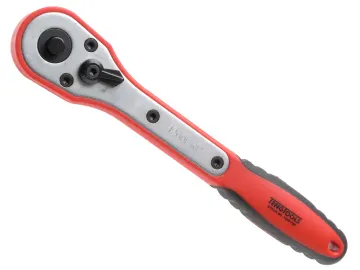 Ratchet spanner with a red and grey handle.