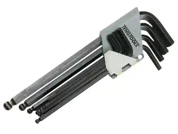A set of black L-shaped hex keys held in a plastic organiser, pictured with a Teng 1200FRP 1/2″ Quick Release Reversible Ratchet.