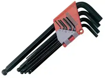 Set of black L-shaped hex keys organised in a folding plastic holder.