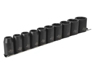 A set of nine black impact sockets arranged by size on a metal rail.