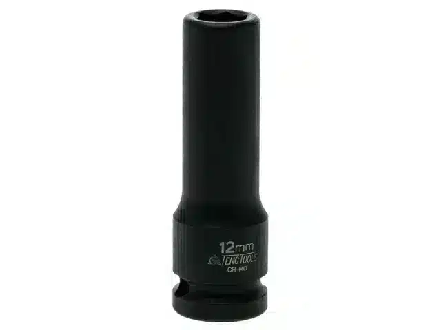 A black, 12mm, 6-point Teng Deep Impact Socket Hexagon 1/2in Drive.