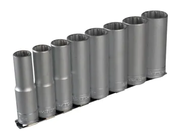 A row of eight deep-well metal sockets arranged on a storage rack.