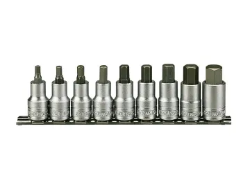 A set of nine hex bit sockets arranged by size on a metal rail.