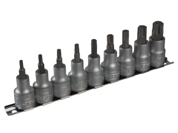 A set of eight torx bit sockets arranged by size on a metal rail.