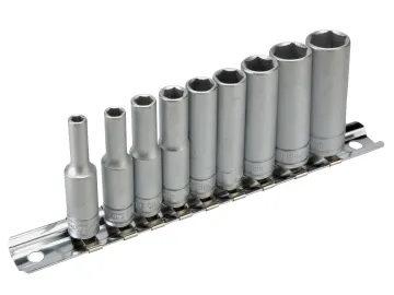 A set of nine graduated metal socket spanner attachments arranged in a row on a metal rail.