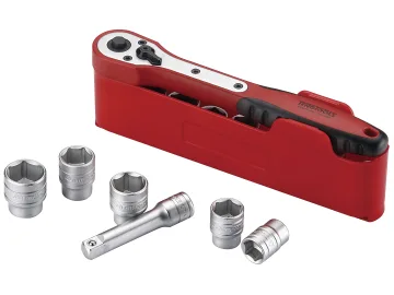 A red ratchet handle in a storage tray with five metal sockets and an extension bar.