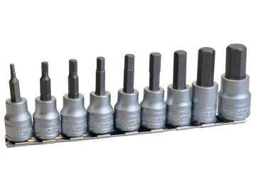 A set of nine hex bit sockets arranged by size on a metal rail.