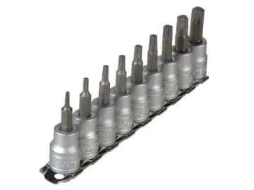 A set of nine hex bit sockets arranged by size on a metal rail.