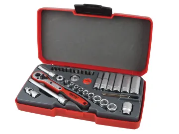 A red plastic case containing a socket spanner set with various sockets, extensions, and accessories.