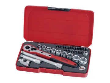 Socket spanner set in a red plastic carrying case.