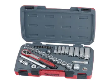 A Teng Tools socket set in an open red and grey carrying case.