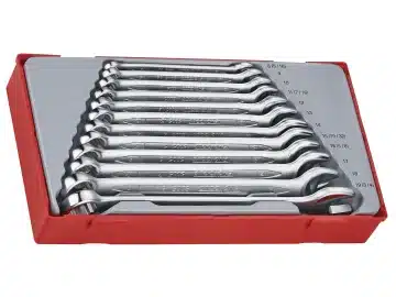 A set of ten chrome combination spanners arranged by size in a red plastic storage tray.