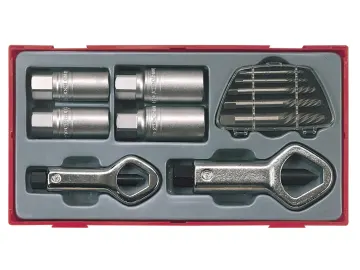 A tool set in a red plastic case, featuring four sockets, a set of small drill bits, and two screw extractors.