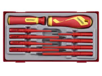 A set of red and yellow insulated screwdrivers and interchangeable shafts in a fitted plastic storage tray.