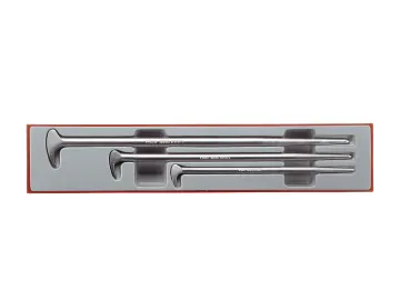 Three metal pry bars of varying lengths nested in a moulded plastic storage tray.
