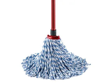 A mop with a red handle and a white and blue striped string head.
