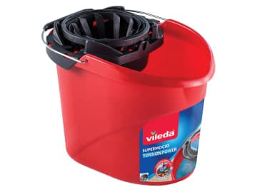 Red SuperMocio Bucket & Torsion Wringer with a black torsion wringer attachment and a metal handle.
