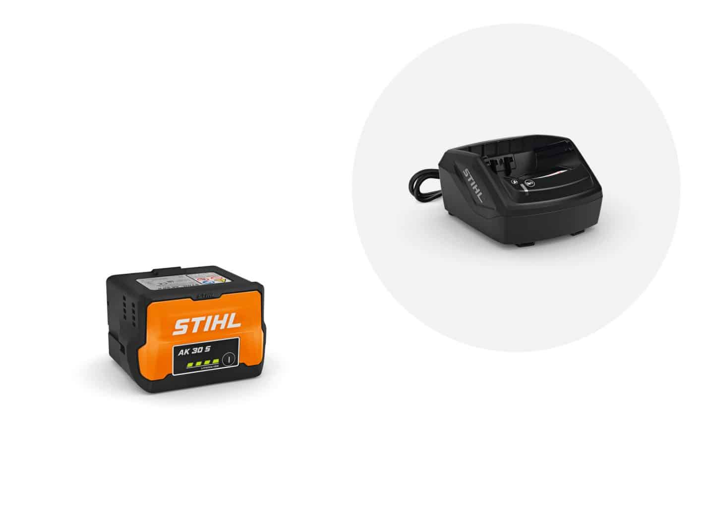 A Stihl Starter set AK 30 S and AL 101, consisting of a lithium-ion battery pack and a battery charger with a mains lead.