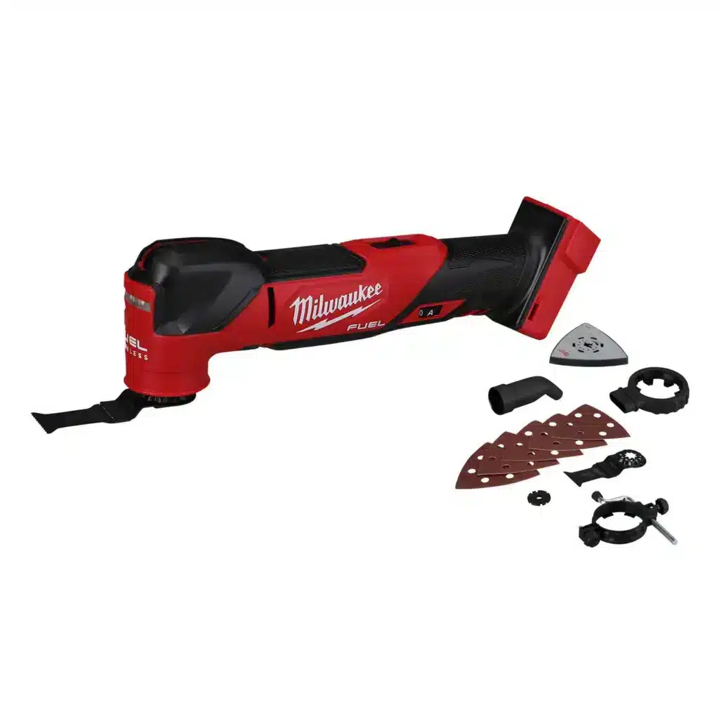 Milwaukee cordless oscillating multi-tool with a selection of sanding pads, blades, and attachment accessories.