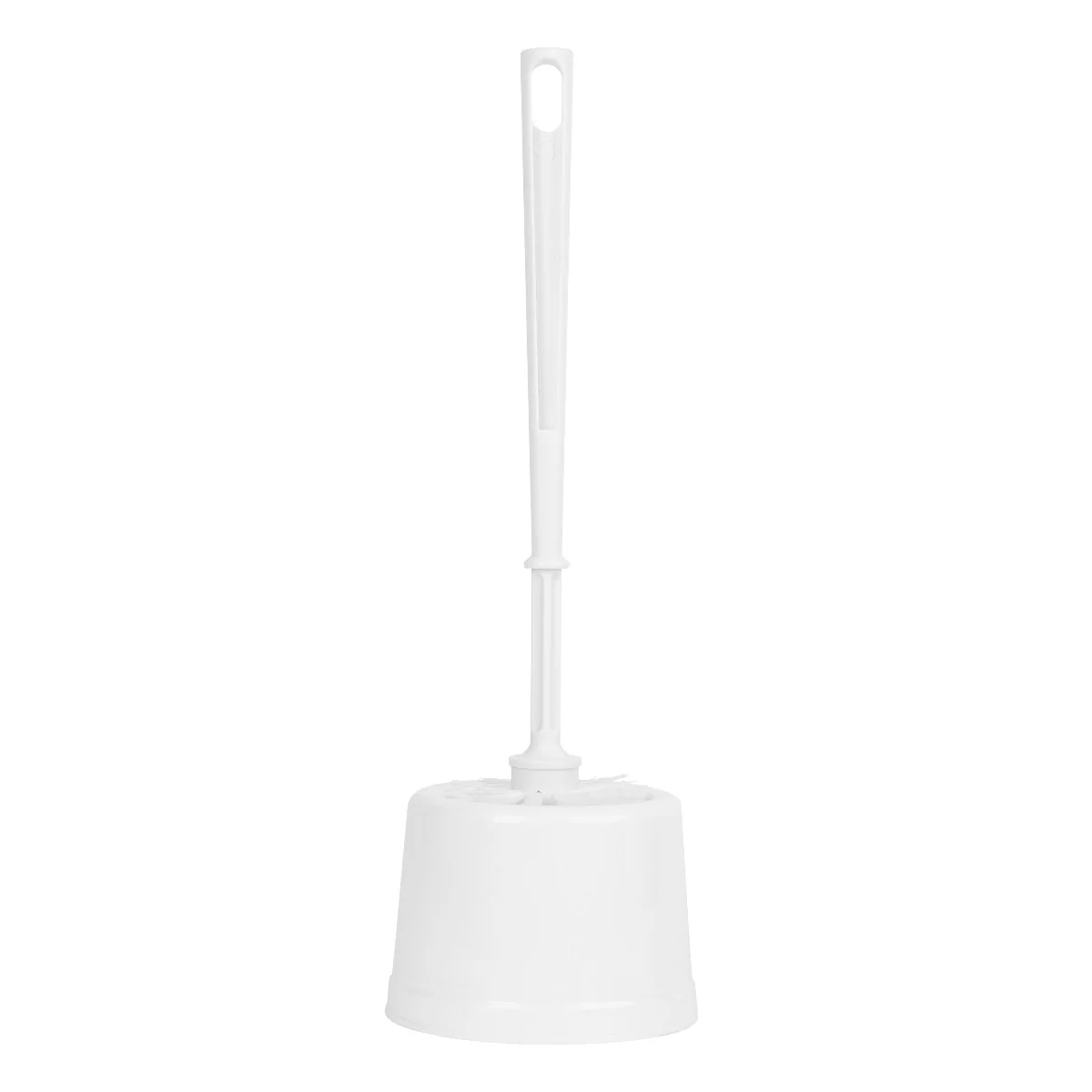 White toilet brush with a long handle resting in a matching storage container.