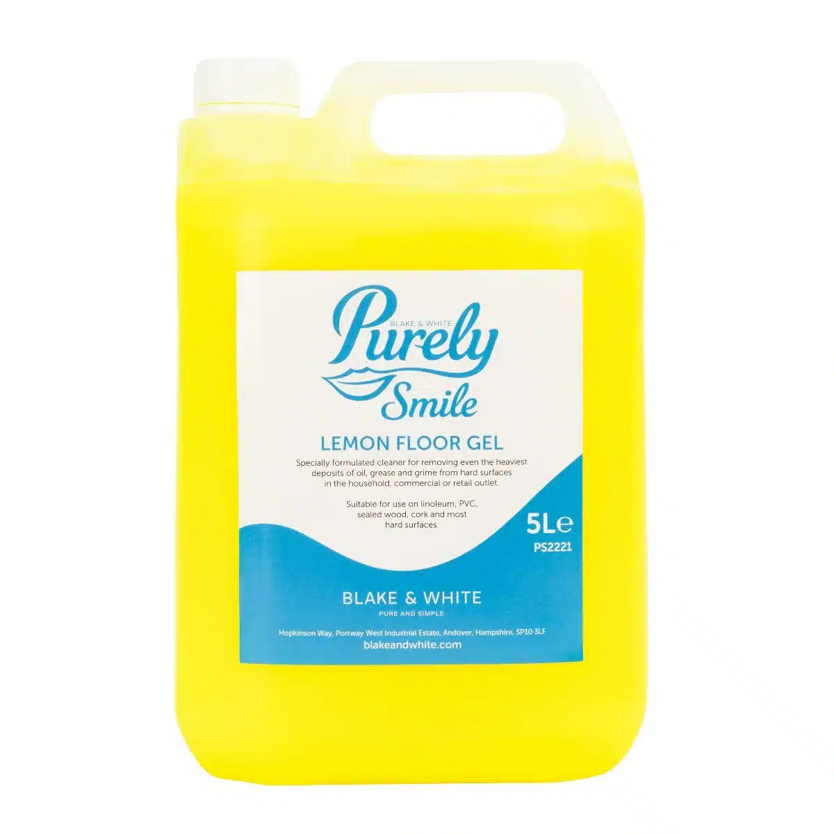 A translucent yellow five-litre jug of floor gel, featuring a handle.
