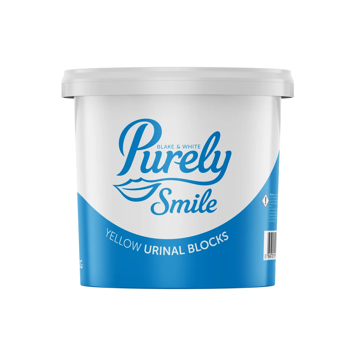 White plastic tub of Purely Smile Urinal Blocks Yellow 3kg with a blue label.